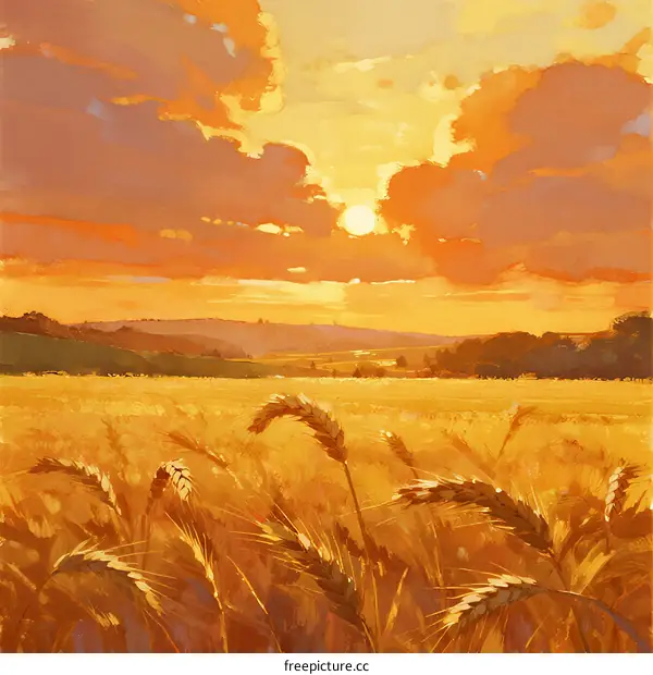 Golden Wheat Field Under Dramatic Sunset Sky with Fluffy Clouds