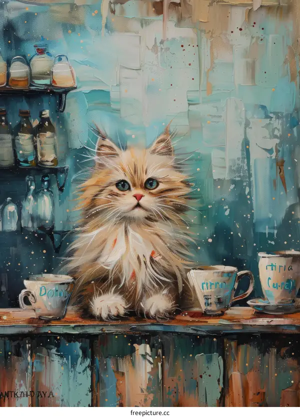 A cute cat sitting on a table with a cup of coffee