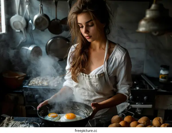 Pretty Young Woman in White Apron Cooking Eggs in a Frying Pan in the Kitchen