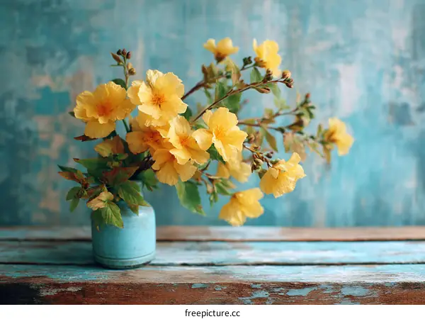 Yellow Flowers in a Vase on a Wooden Table