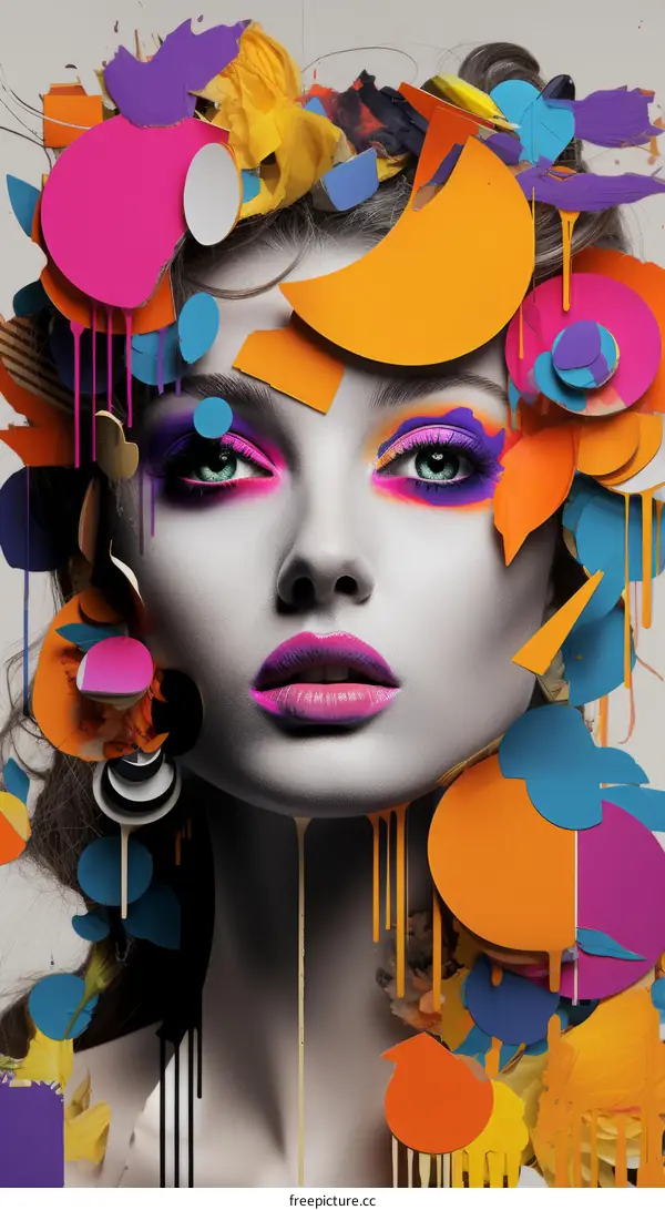 Colorful portrait of a woman with bright makeup and geometric shapes