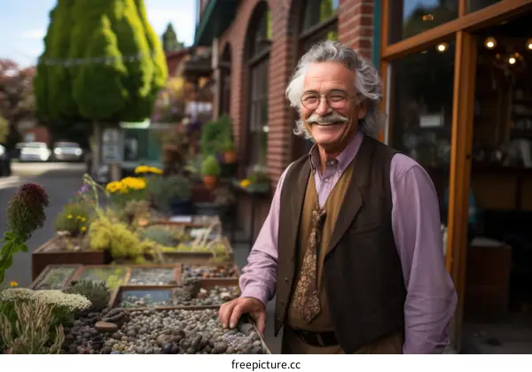 A smiling man with a mustache and glasses stands in front of a display of plants.