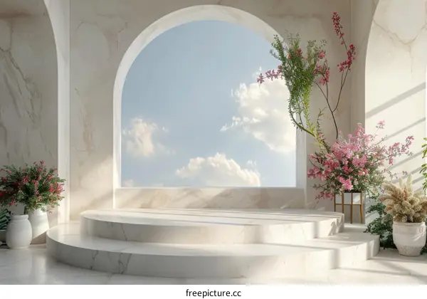 Modern Minimalist Marble Staircase with Floral Display