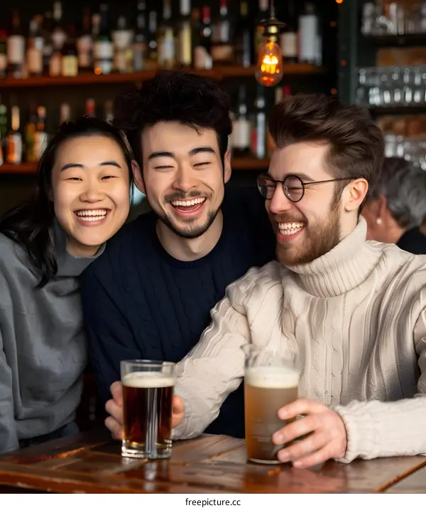 Three Friends Enjoying Beer Together at a Bar
