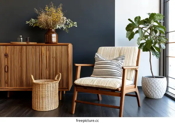Modern Wooden Living Room Decor with Striped Chair