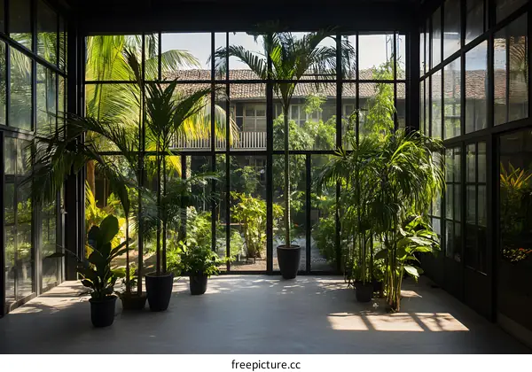 Large Windows With Green Plants Inside An Industrial Building