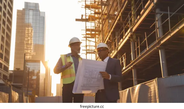 Two construction workers discussing building plans at a construction site