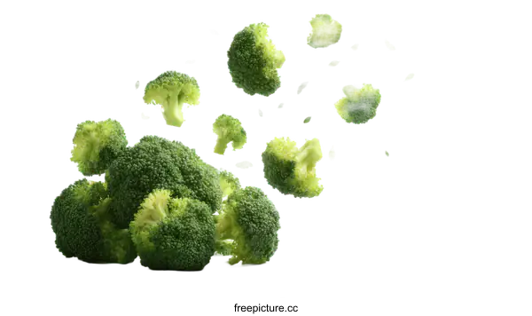 [Transparent Background PNG]Broccoli Pieces in Motion Against White Background
