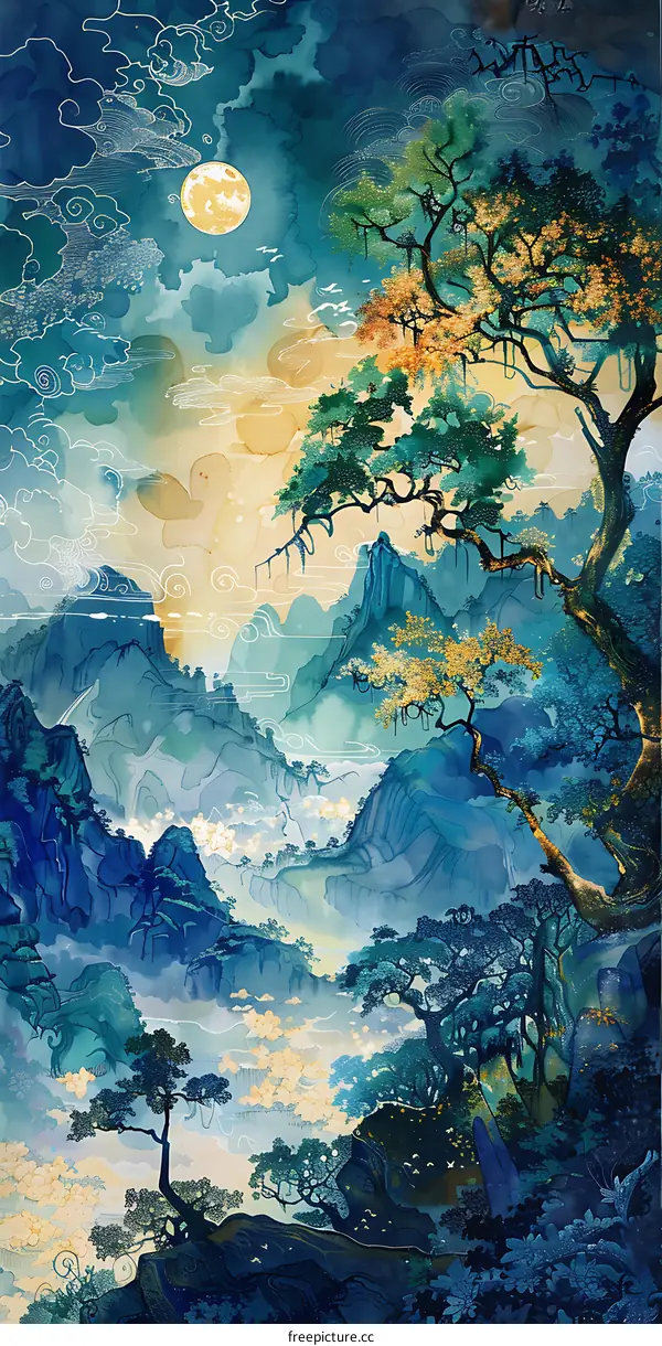Watercolor mountains and trees under the moonlight