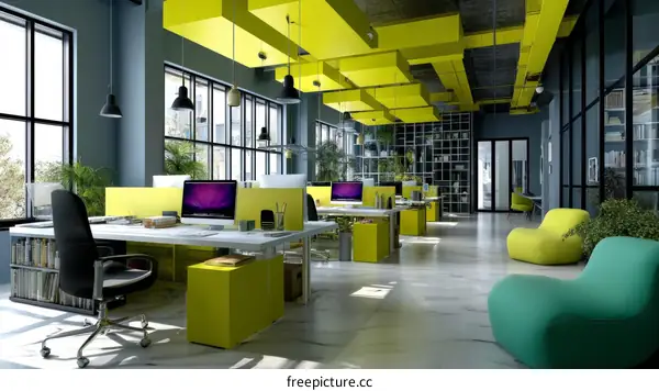 Modern Open Plan Office Workspace Design with Yellow Accents