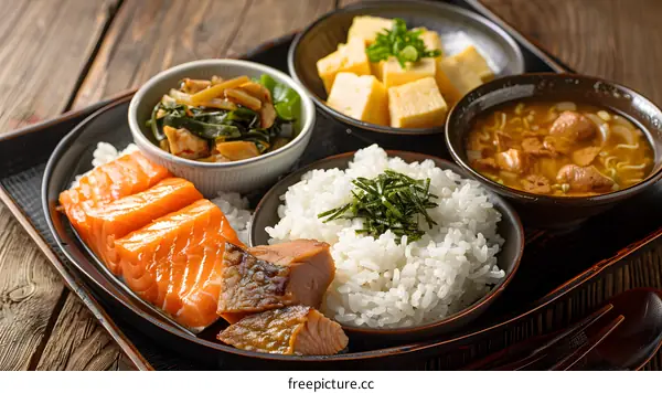 Japanese Cuisine with Salmon, Rice and Soup