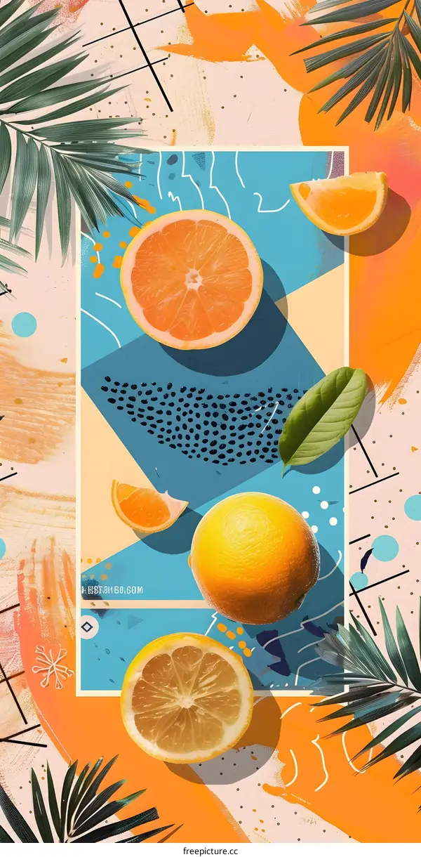 Summer Collage with Orange Fruit and Palm Leaves