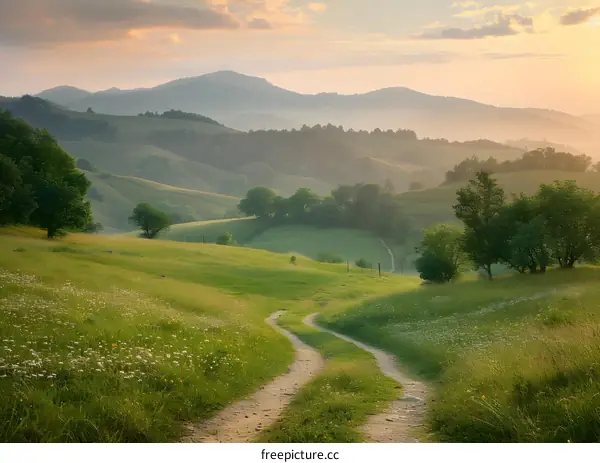 Countryside landscape with a winding road and rolling hills in the distance