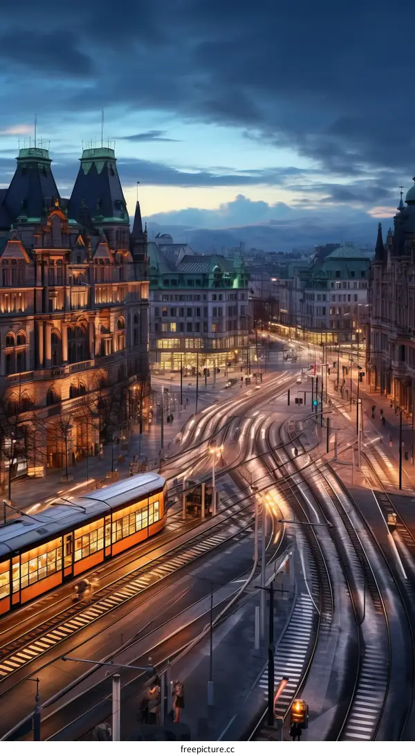 Night view of Vienna, Austria, showing trams and street lights