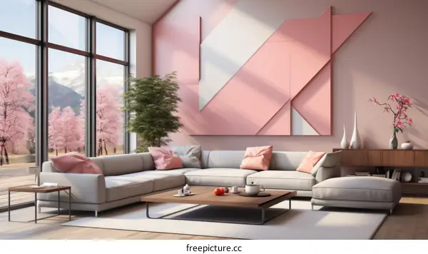 Modern minimalist living room interior with sofa and pink wall