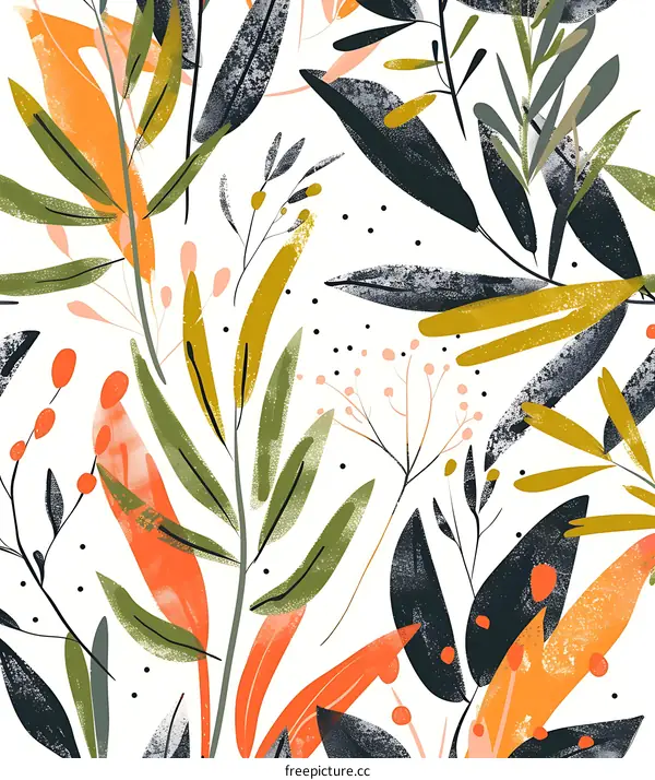 Seamless Abstract Floral Pattern With Green Orange and Yellow Leaves
