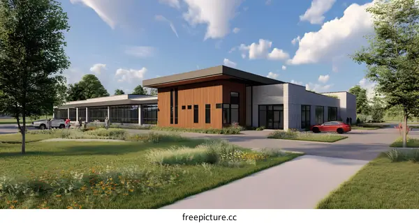 Modern Commercial Building with Grass and Trees