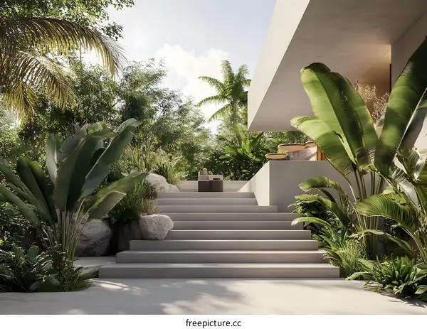 Modern Concrete Stairs with Lush Tropical Plants