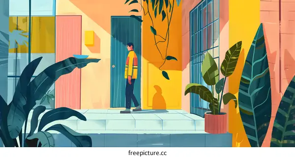 Modern House Illustration With Person Walking Out Of Door