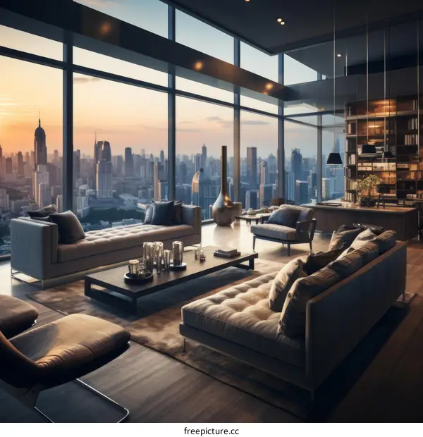 Modern living room interior with floor to ceiling windows overlooking a city skyline at sunset