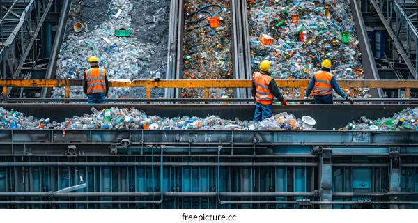 Two sanitation workers are sorting the garbage on the conveyor belt