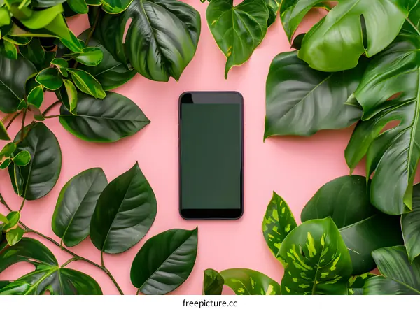 Green Leaves and Smartphone on Pink Background
