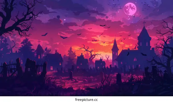 Spooky Village Under a Blood Moon on Halloween Night