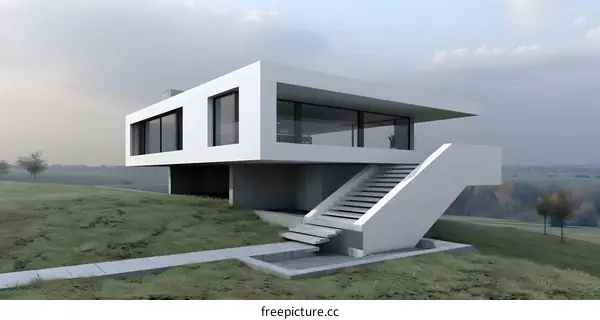 Modern White House with Stairs and Grass
