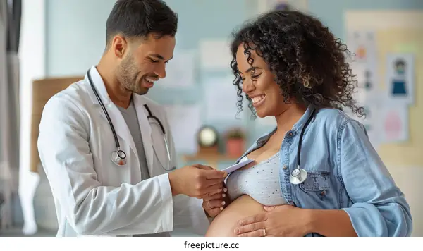 Pregnant woman having an ultrasound scan with a doctor