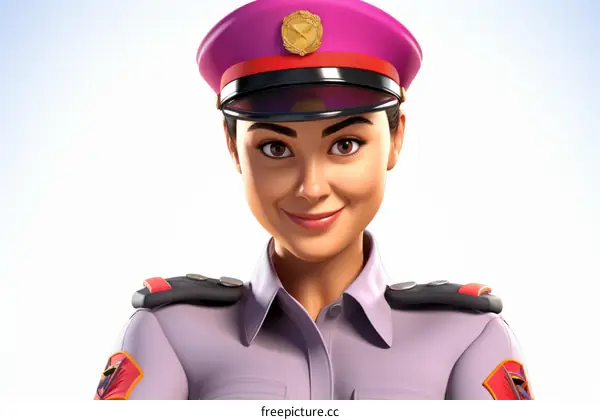A policewoman with a pink hat is smiling.