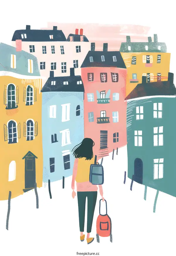 Woman Walking Down Street with Backpack and Luggage