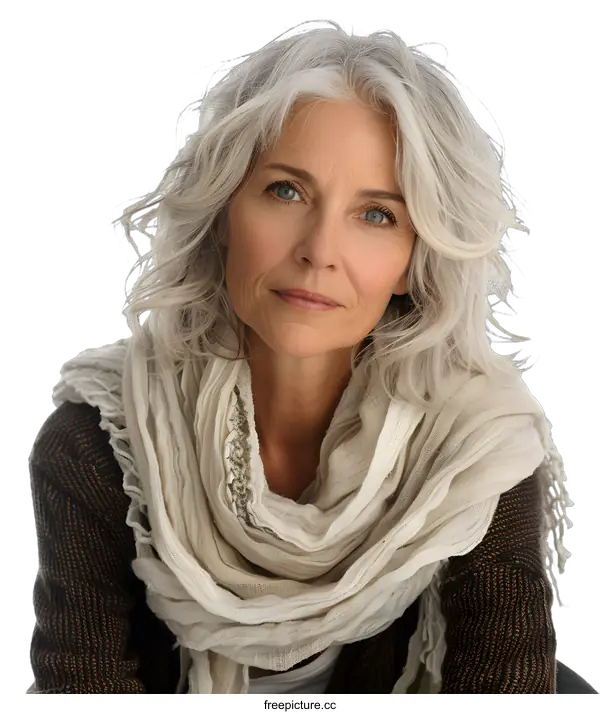 [Transparent Background PNG]portrait of a beautiful older woman with gray hair and blue eyes