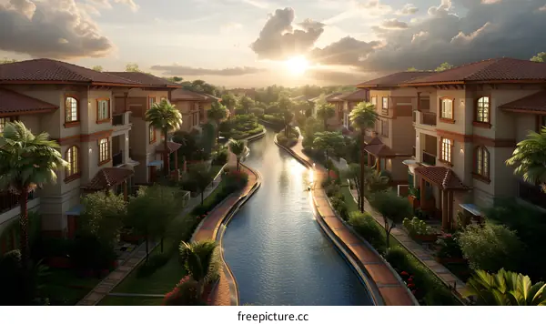 Sunset View of a Canal With Houses on Both Sides