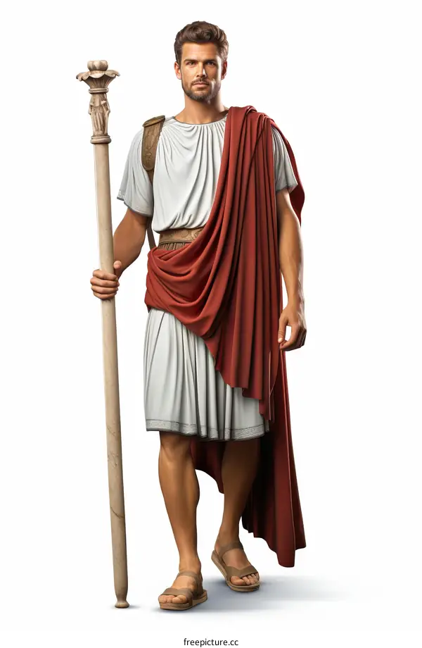 An illustration of a young man wearing a white tunic and a red toga.