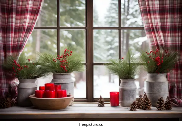 A Cozy Winter Window Scene with Red Candles and Greenery
