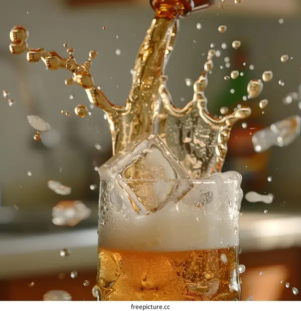 Beer Pour with Ice Cube Splash