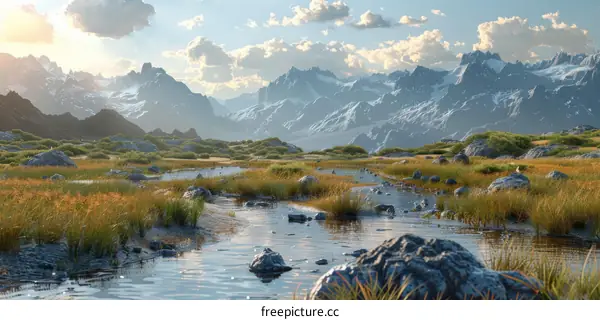 River Landscape with Mountains in the Distance