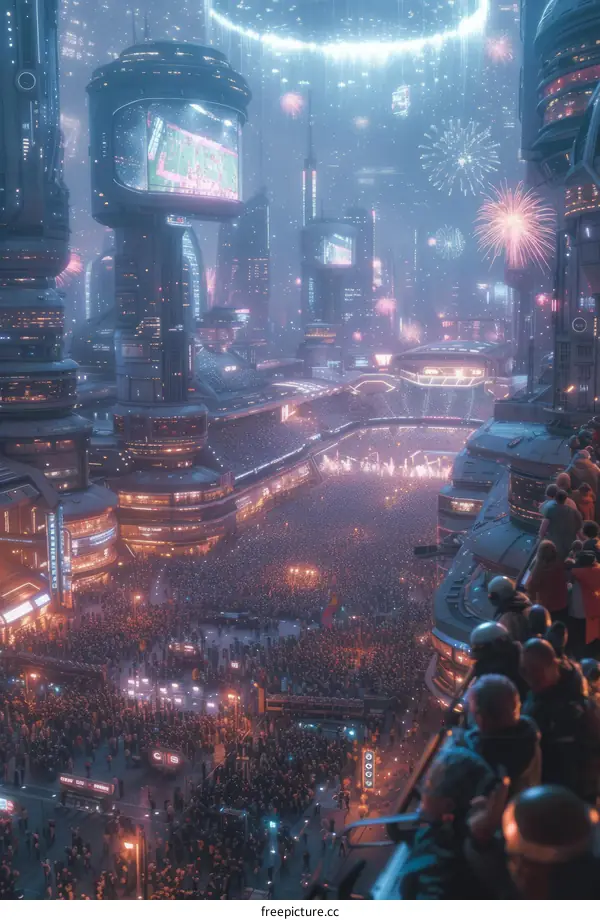 A futuristic cityscape with a large crowd of people gathered in a stadium.