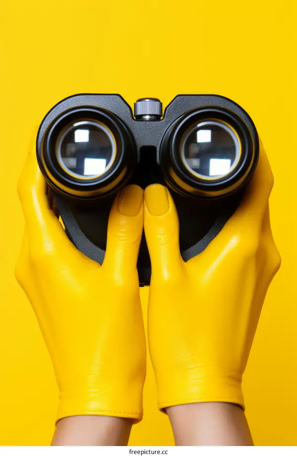 A person wearing yellow gloves holding a pair of black binoculars