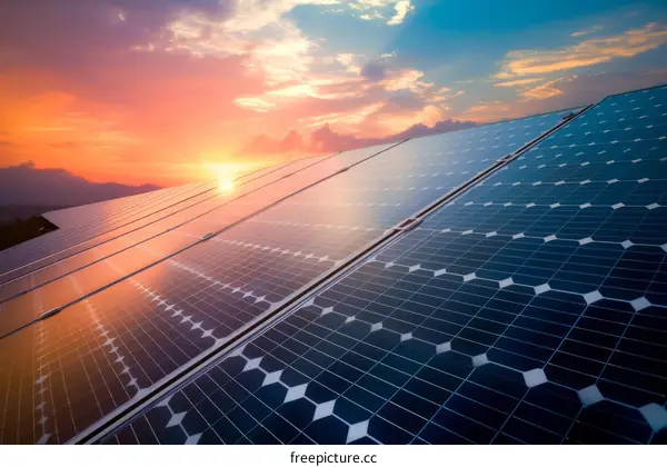 A large solar farm with a beautiful sunset in the background
