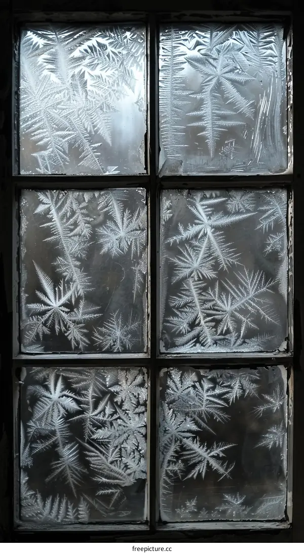 Ice crystals on a window pane form beautiful patterns