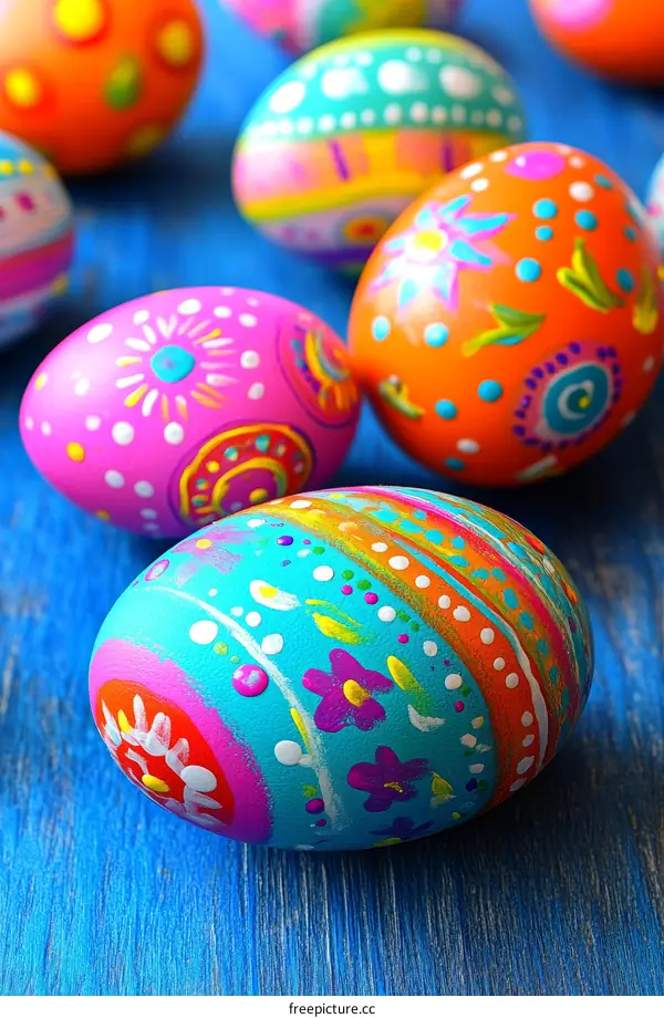 Colorful Hand-Painted Easter Eggs on Blue Wooden Background