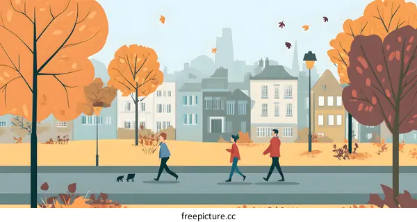 Autumn Scene with People Walking in a City Park