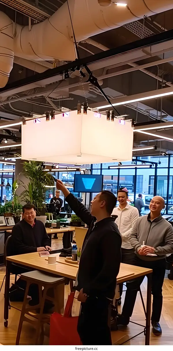Men Working in a Modern Office Space with a Suspended Light Fixture