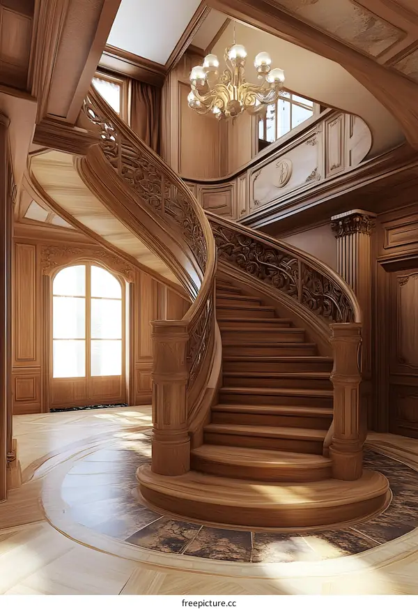 Elegant Wooden Staircase Design in a Grand Home