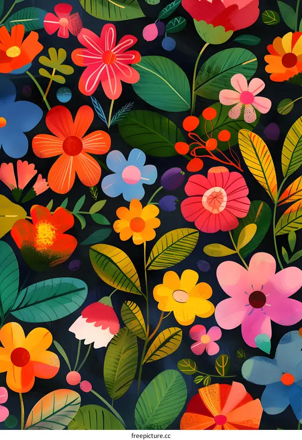 Colorful Floral Pattern with Dark Blue Background