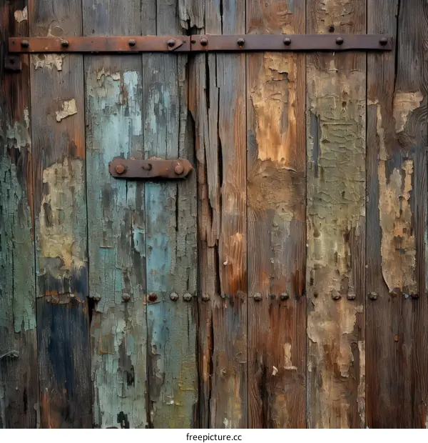 weathered wooden door with blue and brown paint
