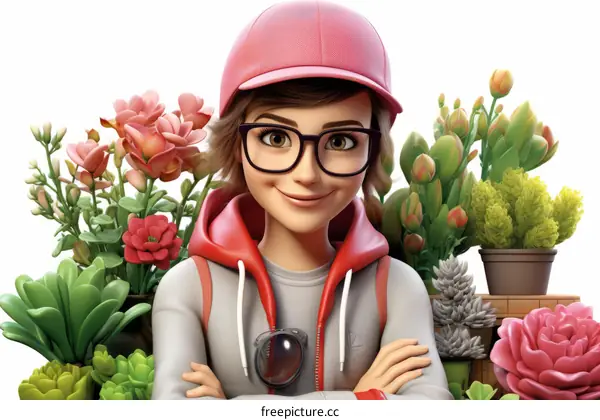 A young woman wearing a pink hat and glasses is standing in front of a white background. She is smiling and has her arms crossed.