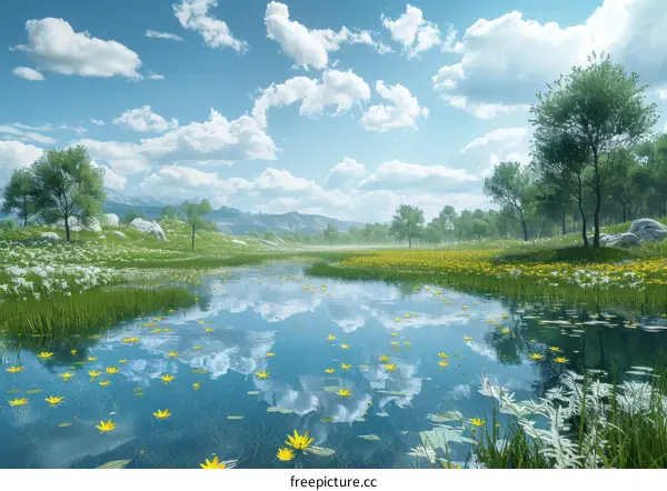 Tranquil Water Meadow with Pond and Trees