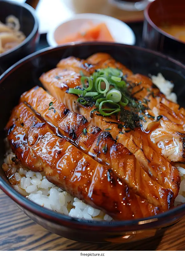 Close Up of Salmon Teriyaki with Rice